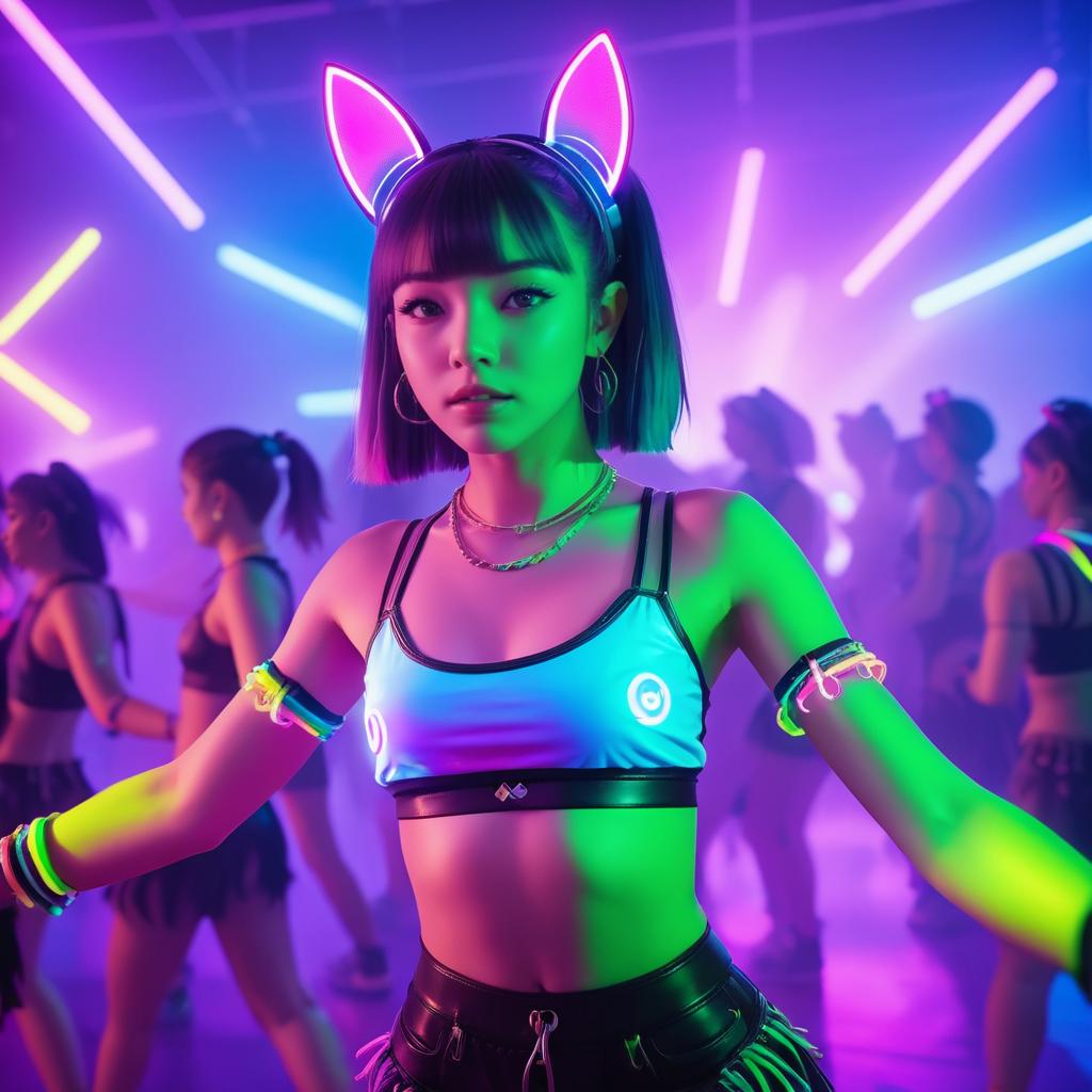 Young Woman with Neon Bunny Ears in Colorful Dance Scene