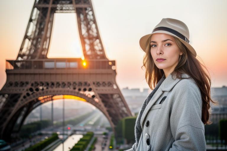 Chic Woman in Grey Trench Coat at Eiffel Tower