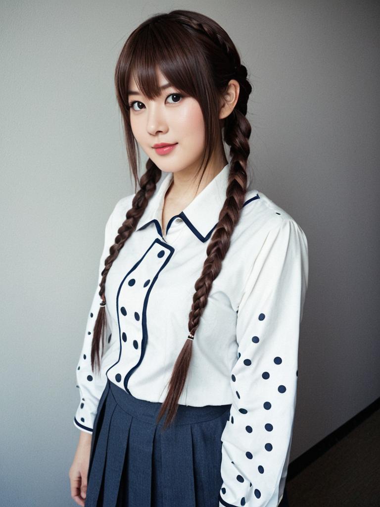 Portrait of Woman in Polka Dot Blouse and Navy Pleated Skirt