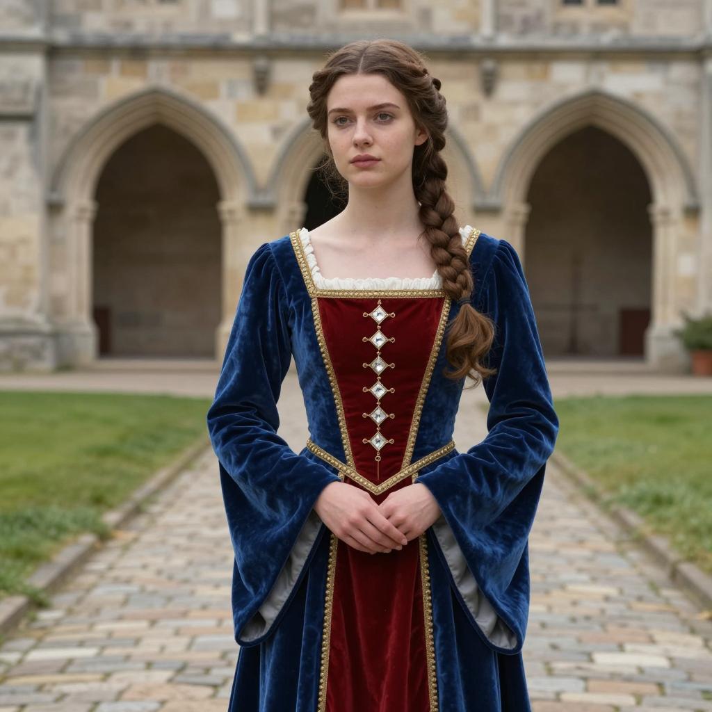 Renaissance Style Woman in Velvet Gown Standing on Cobblestone Pathway