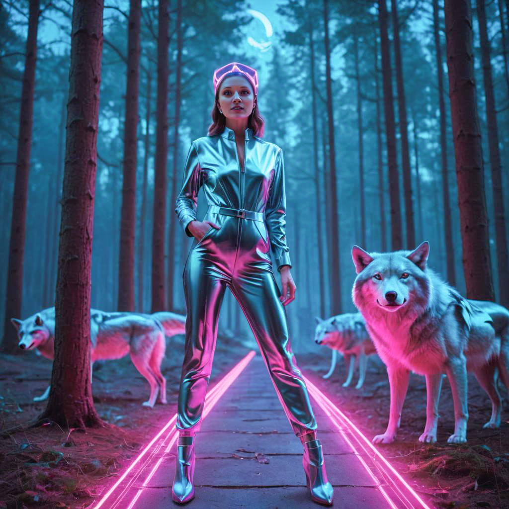 Woman in Silver Jumpsuit with Wolves in Neon Forest