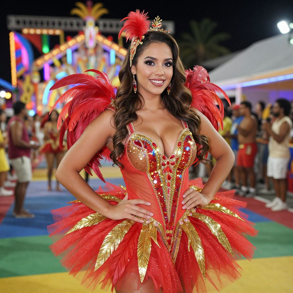 Woman in Red and Gold Carnival Costume at Festival