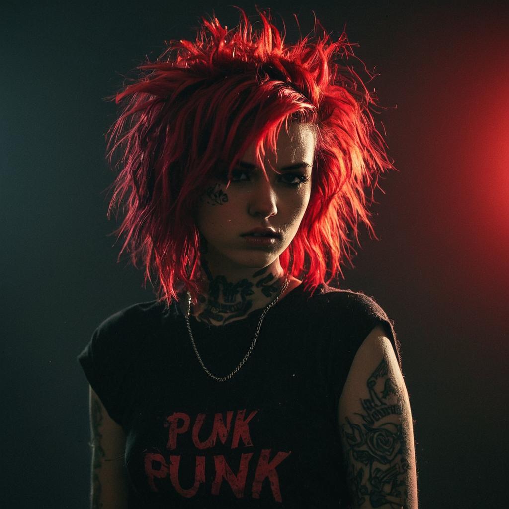 Edgy Punk Woman with Vibrant Red Hair and Tattoos
