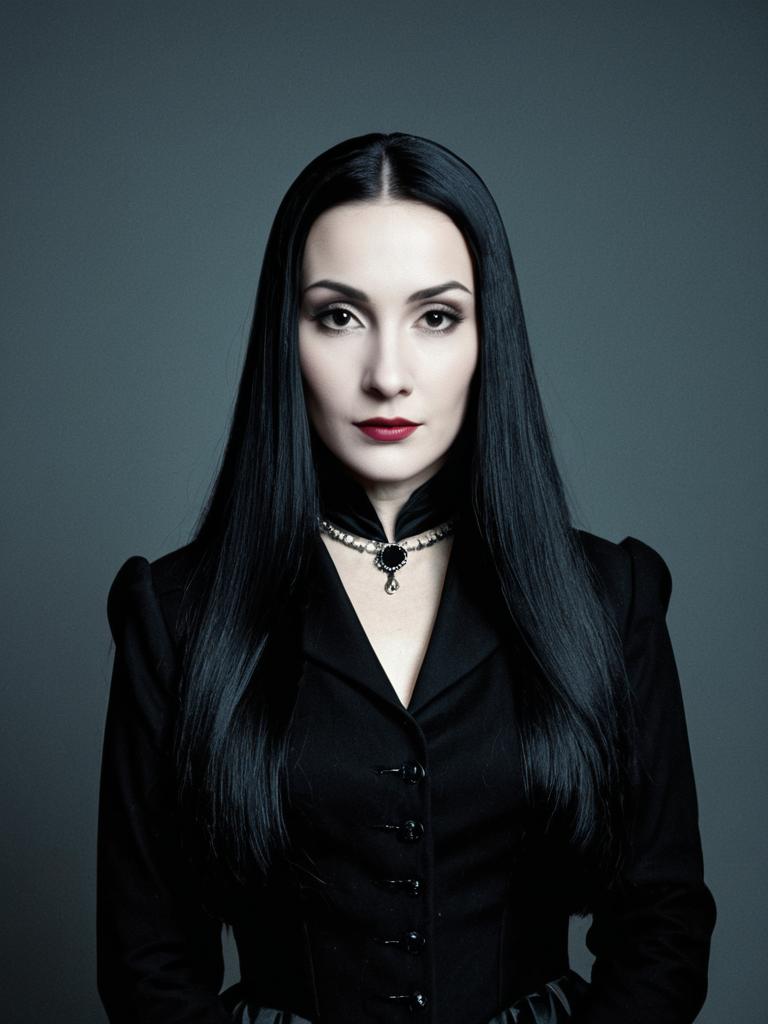 Professional Morticia Addams Costume Woman Studio Headshot