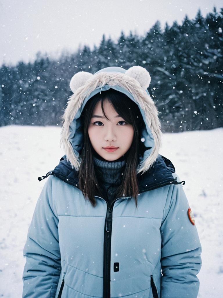 Woman in Uraraka Winter Costume Photorealistic Outdoor Snow Portrait