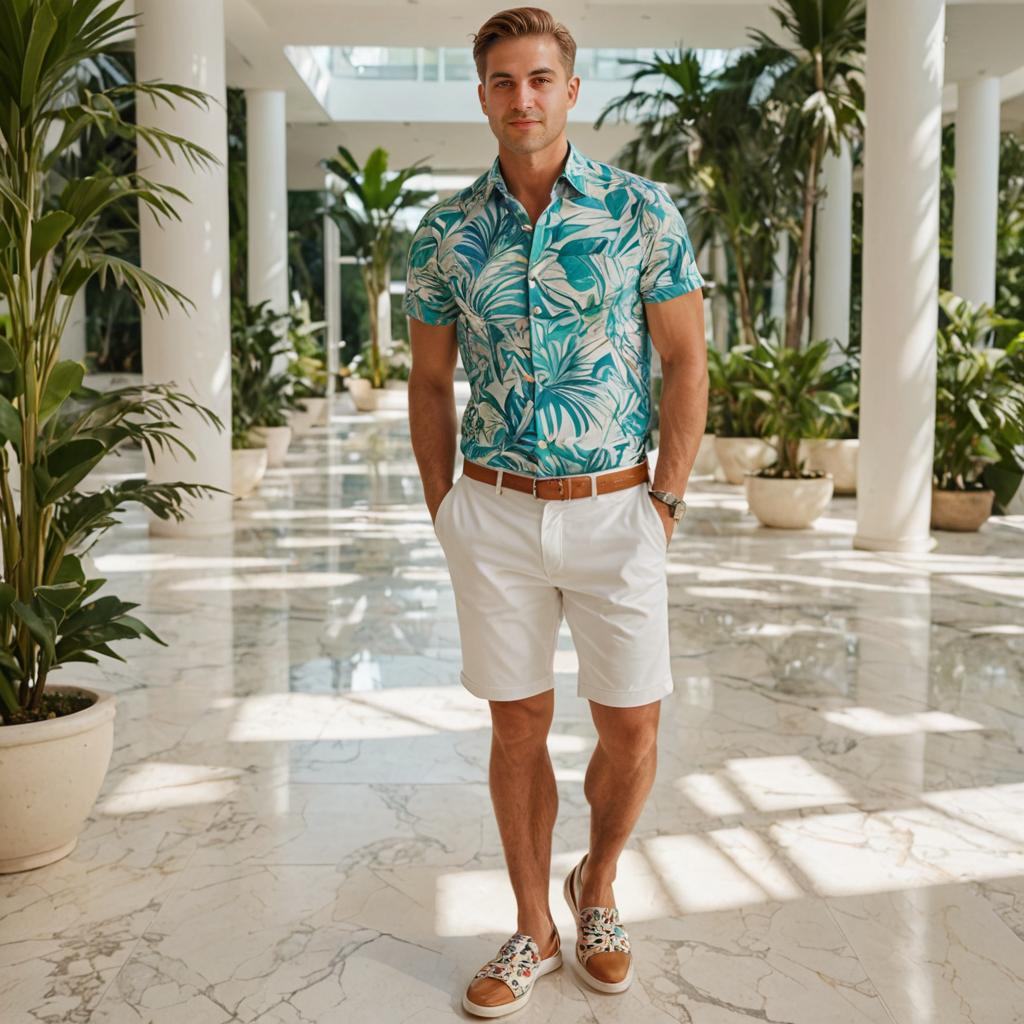 Stylish Man in Tropical Attire - Luxurious Indoor Setting