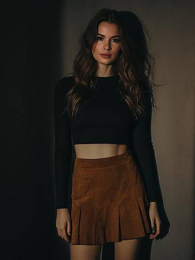 Woman Wearing Casual Chic Black Ribbed Crop Top and Brown Suede Skirt