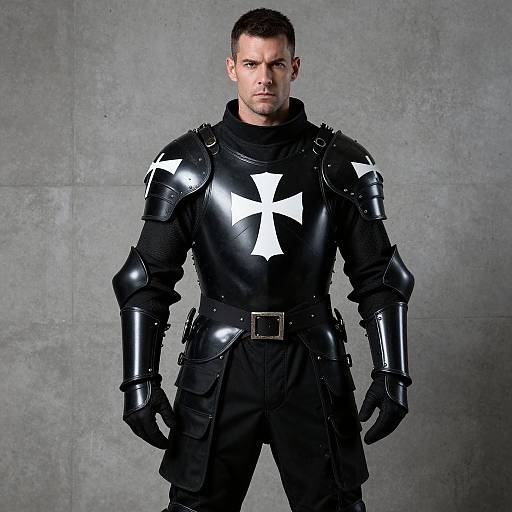 Man Wearing Black Medieval Knight Armor with White Cross Symbol