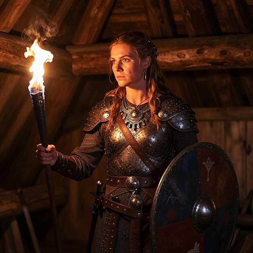 Viking Woman Warrior Holding Torch and Shield Inside Wooden Cabin