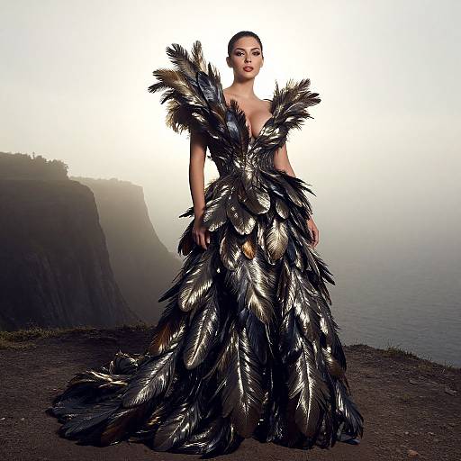 Woman Wearing Metallic Feather Gown on Cliffside