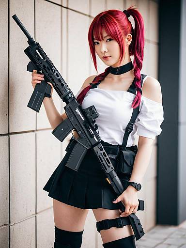 Red-Haired Woman Cosplaying with Tactical Rifle Inspired by Girls' Frontline