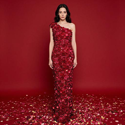 Elegant Woman in Red Rose Appliqué Dress on Red Background