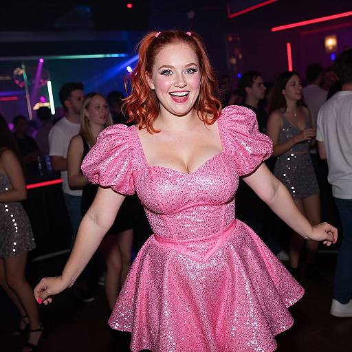 Woman Dancing in Sparkling Pink Dress at Nightclub Party
