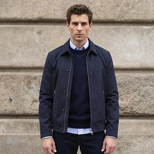 Stylish Young Man in Navy Blue Jacket and Layered Shirt Outfit