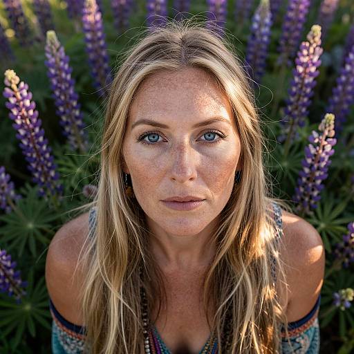 Close-Up Portrait of Blonde Woman with Blue Eyes Among Purple Lupine Flowers