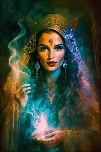 Mystical Woman with Golden Headdress Performing Ritual with Smoke