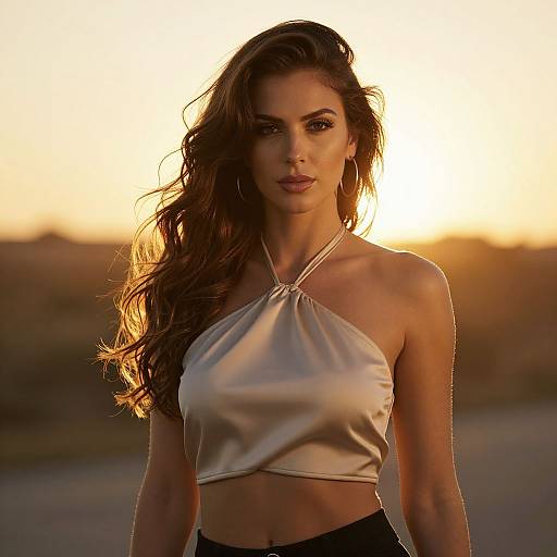 Confident Woman Wearing Silky Halter Top Posed in Golden Hour Light