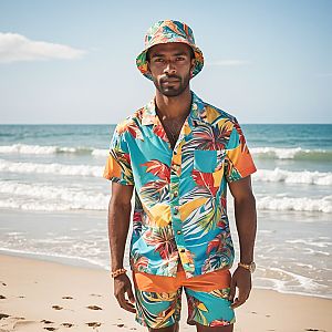 Confident Man in Tropical Outfit on Sunny Beach