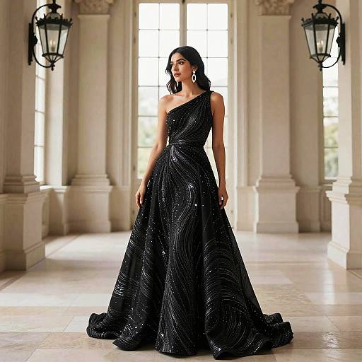 Elegant One-Shoulder Black Evening Gown with Shimmering Swirl Patterns