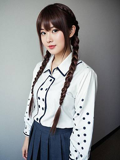 Portrait of Woman in Polka Dot Blouse and Navy Pleated Skirt