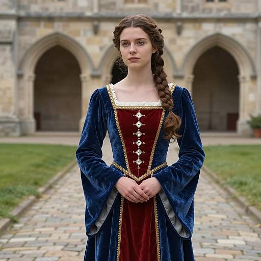Renaissance Style Woman in Velvet Gown Standing on Cobblestone Pathway