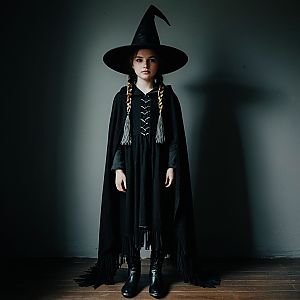 Young Woman in Classic Black Witch Costume