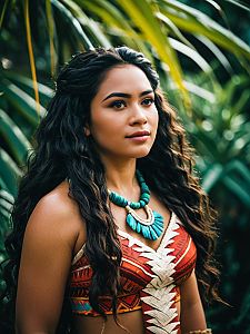Woman in Tribal Costume with Turquoise Necklace in Lush Greenery