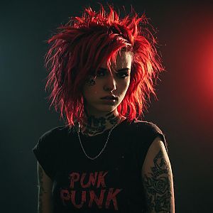 Edgy Punk Woman with Vibrant Red Hair and Tattoos