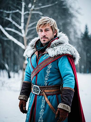 Man in Professional Kristoff Frozen Outfit Costume Cosplay in Snowy Forest