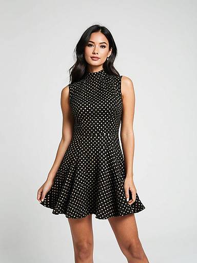 Modern Chic Sleeveless Black Mini Dress with Gold Polka Dots