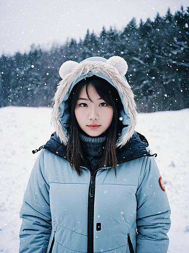 Woman in Uraraka Winter Costume Photorealistic Outdoor Snow Portrait