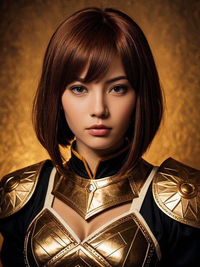 Realistic Naomi Misora Cosplay Woman in Detailed Golden Armor