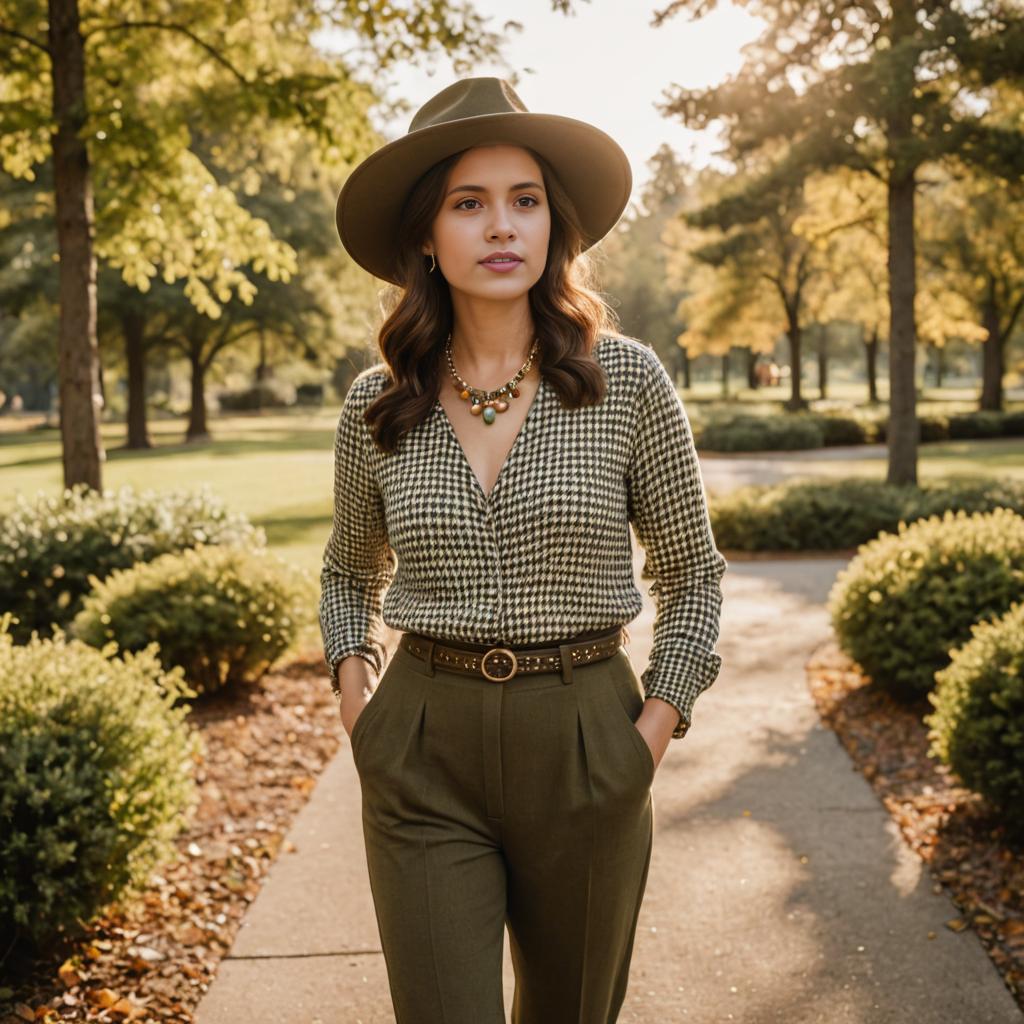 Stylish Autumn Woman in Houndstooth Outfit