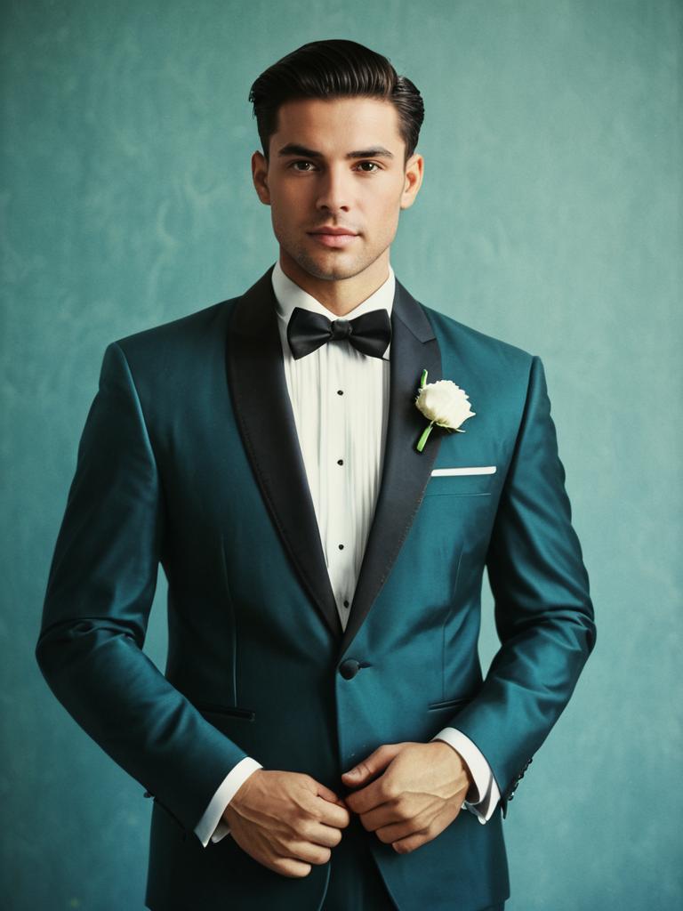 Man in Teal Wedding Tuxedo with Black Satin Lapels and Bow Tie