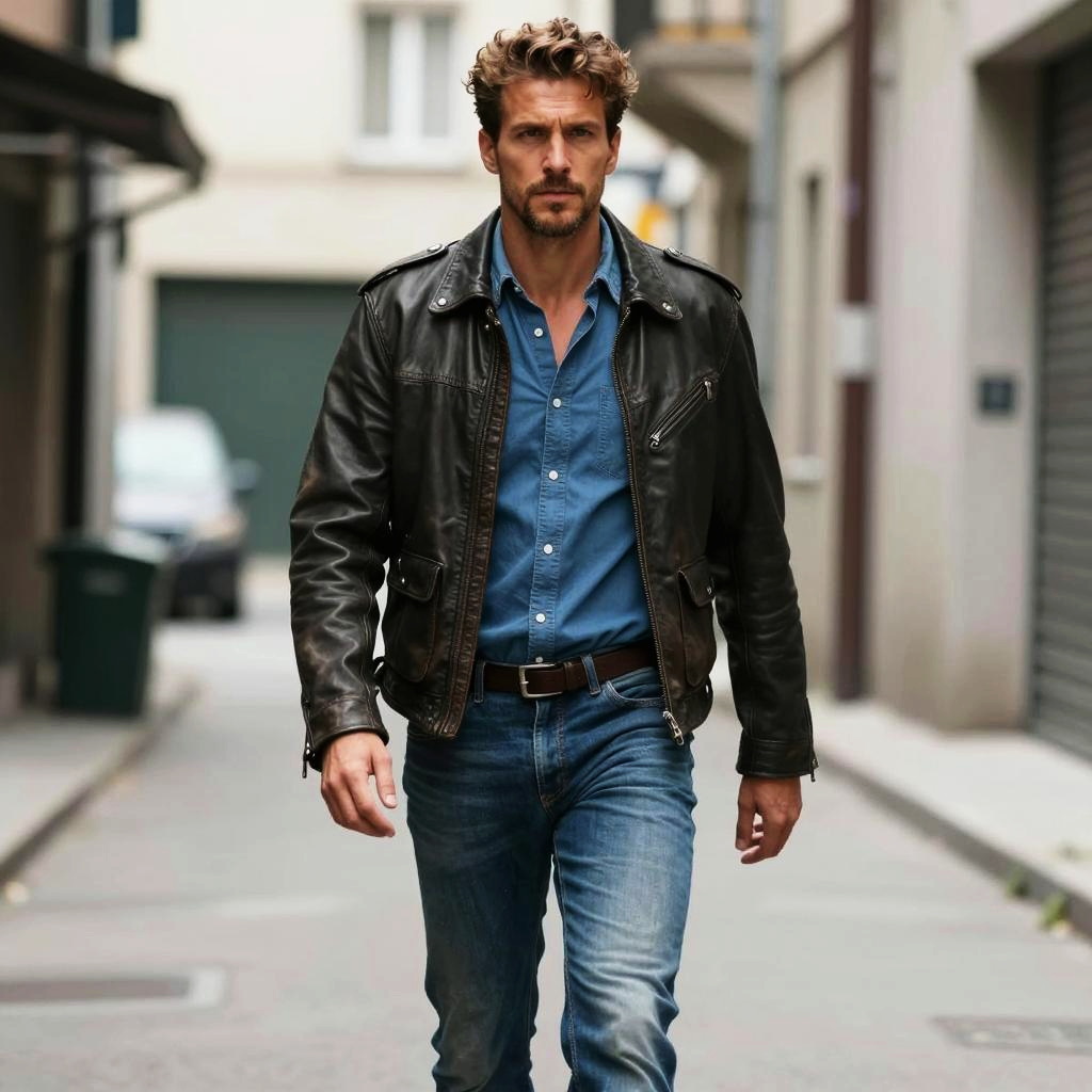 Man Wearing Leather Jacket and Denim Outfit Walking on City Street