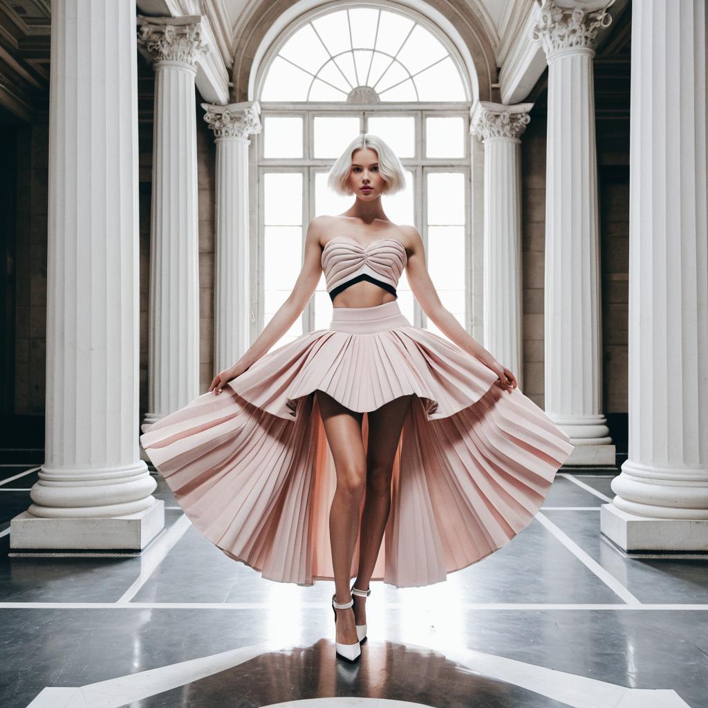 Fashion Model in Blush Pink Pleated Skirt in Neoclassical Interior