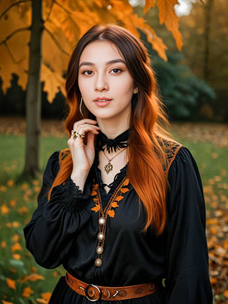 Woman in Black Dress with Orange Embroidery Among Autumn Leaves