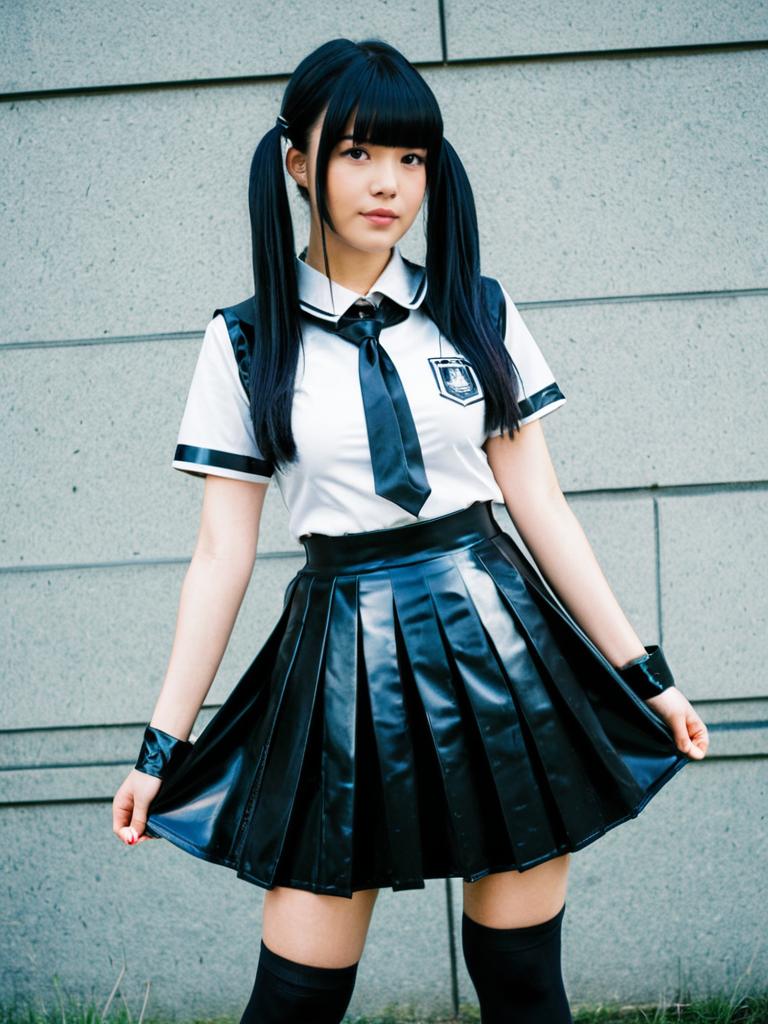 Woman in Latex Schoolgirl Costume Full Body Cosplay Photo with Pleated Skirt