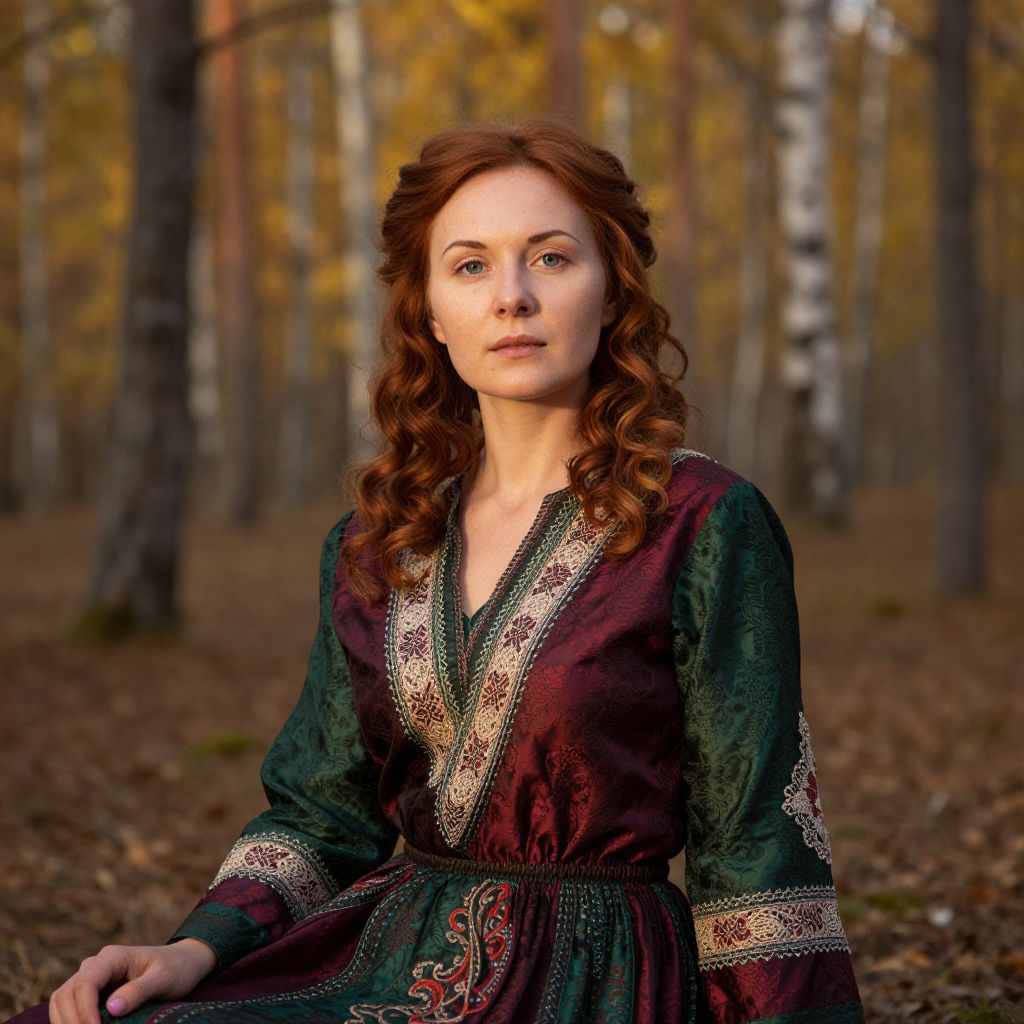 Woman in Traditional Embroidered Dress in Autumn Birch Forest