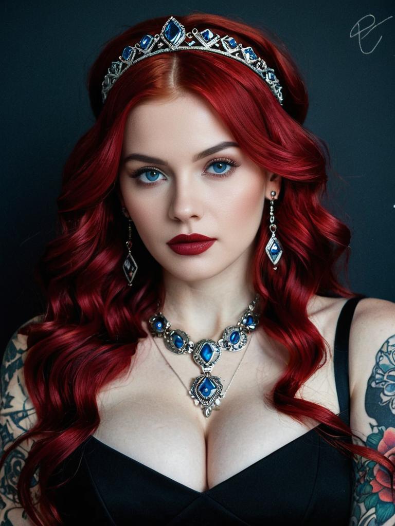 Red Haired Woman with Blue Gemstone Jewelry and Tattoos
