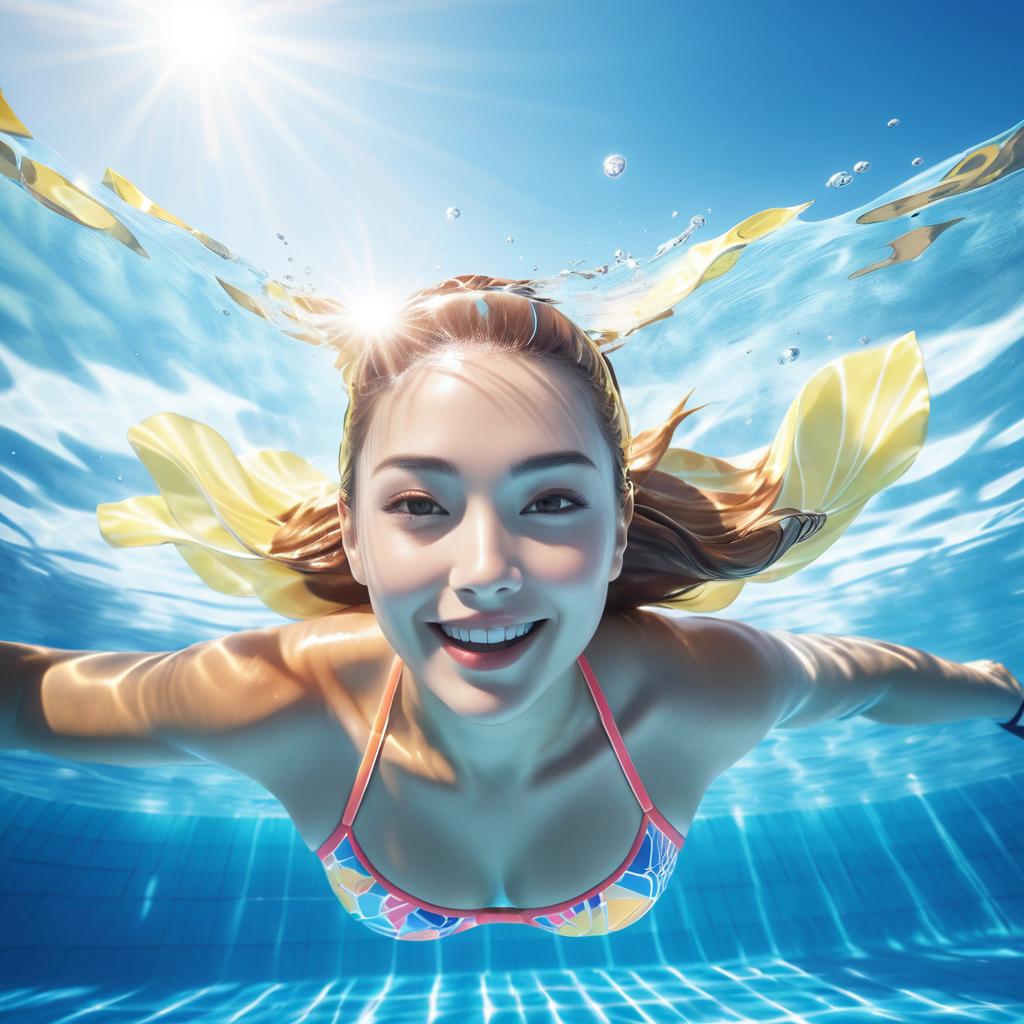 Joyful Woman Swimming in Clear Blue Pool