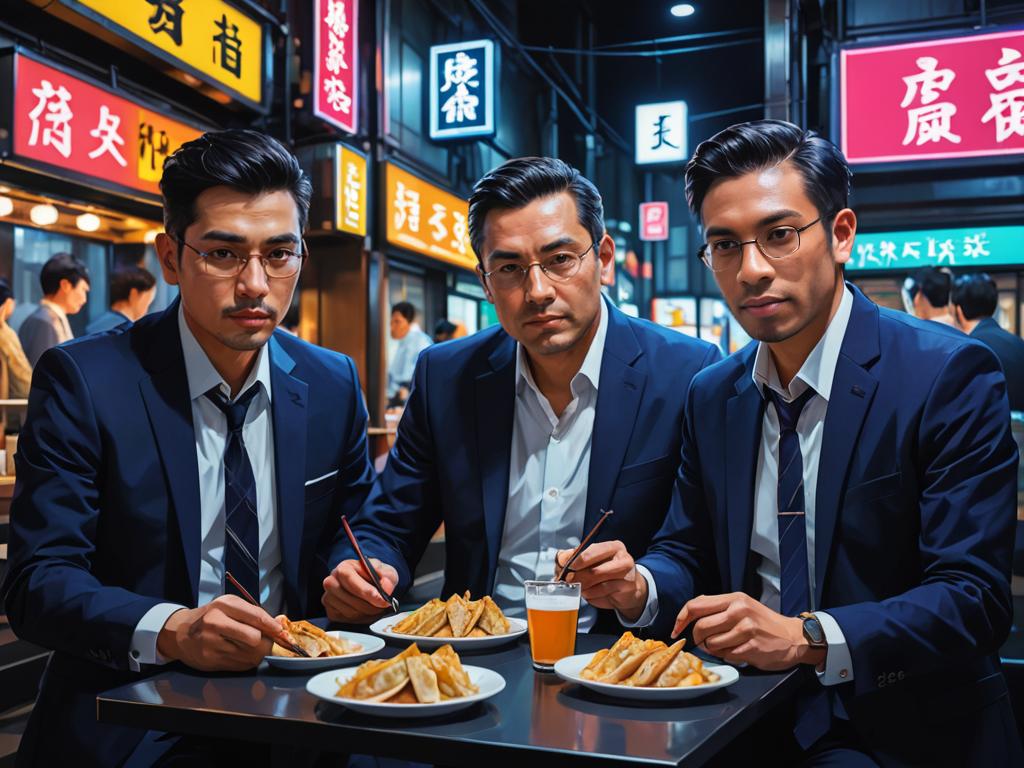 Businessmen Enjoying Gyoza and Beer at Izakaya