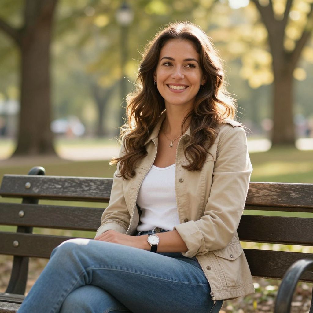 Smiling Woman Sitting on Park Bench in Casual Outfit