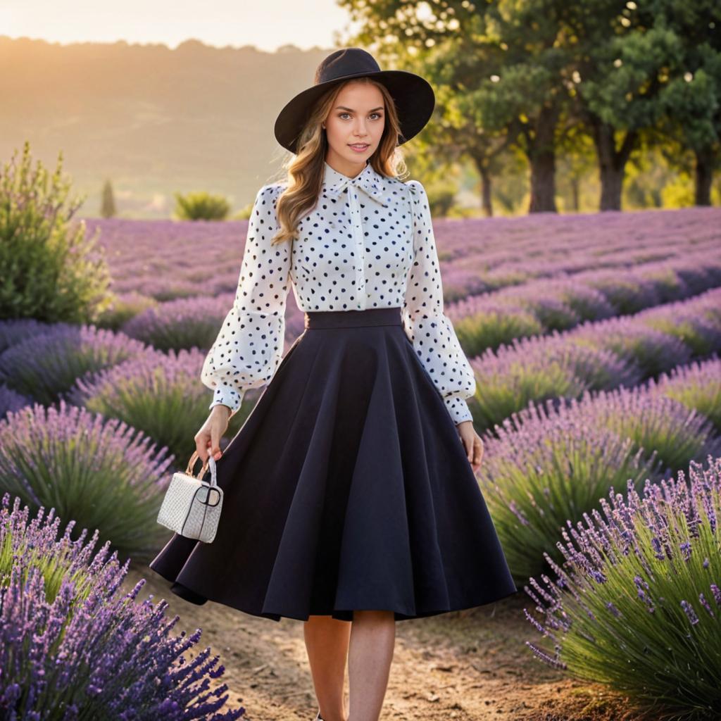 Woman in Polka Dot Blouse and Navy Skirt in Lavender Field