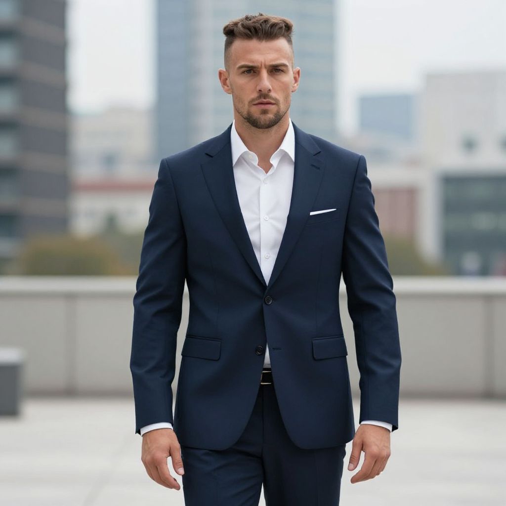 Confident Man in Tailored Navy Blue Suit Outdoors in City