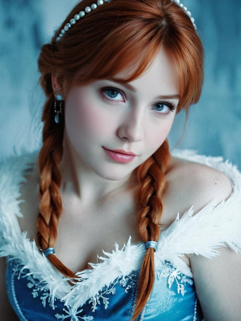 Woman in Stylish Anna Inspired Frozen Costume with Braided Red Hair