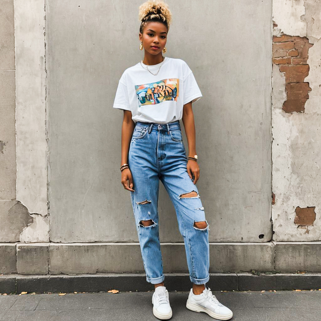 Stylish Woman in Casual Fashion Against Textured Wall