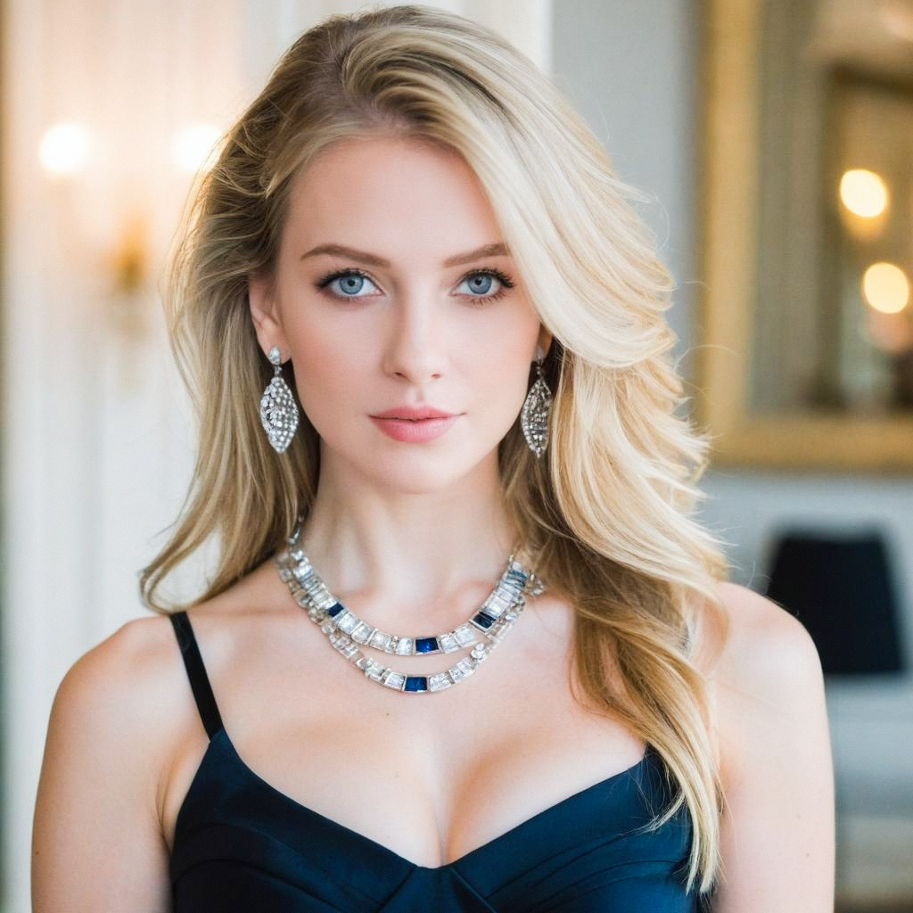 Glamorous Woman in Black Dress with Silver Necklace