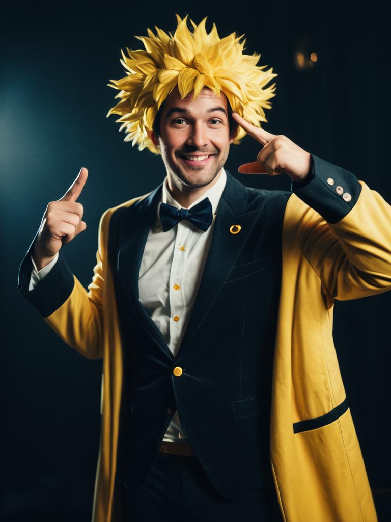 Man in Funny Show Character Costume with Yellow Spiky Wig Photorealistic Parody Cosplay