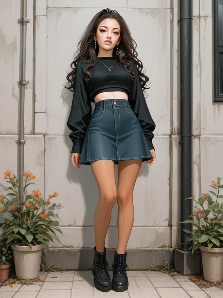 Stylish Woman in Black Crop Top and High-Waisted Skirt Urban Full Body Shot